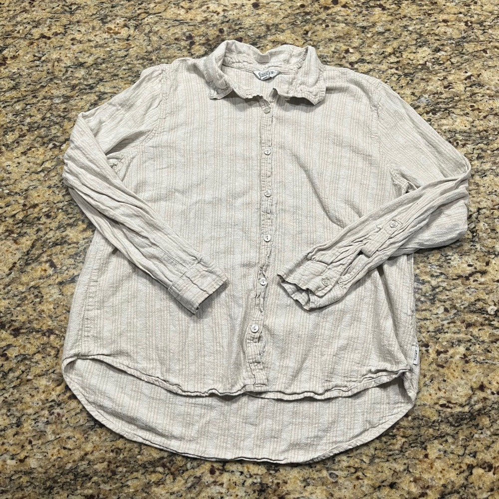 Orvis Womens Large Linen Blend Striped Button Down Shirt Beige White Long Sleeve
